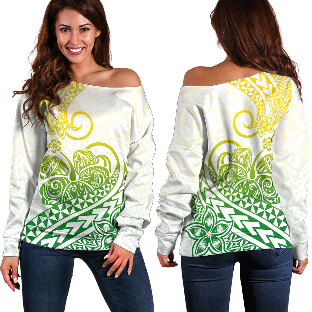 Polynesian Off Shoulder Sweater Tribal Tattoo Gradient 01 Screen Color