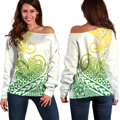 Polynesian Off Shoulder Sweater Tribal Tattoo Gradient 01 Screen Color