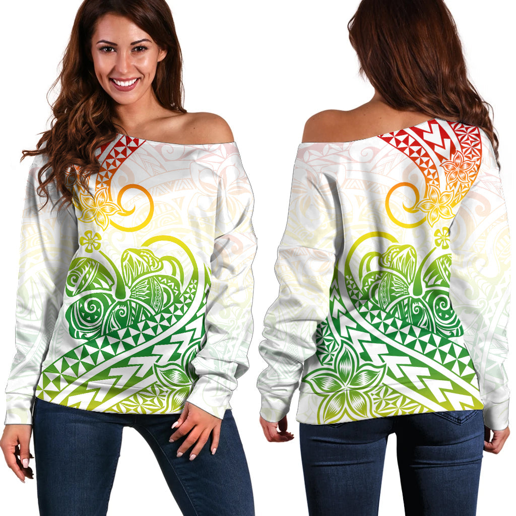 Polynesian Off Shoulder Sweater Tribal Tattoo Gradient 02 Screen Color