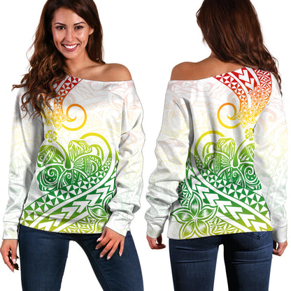 Polynesian Off Shoulder Sweater Tribal Tattoo Gradient 02 Screen Color