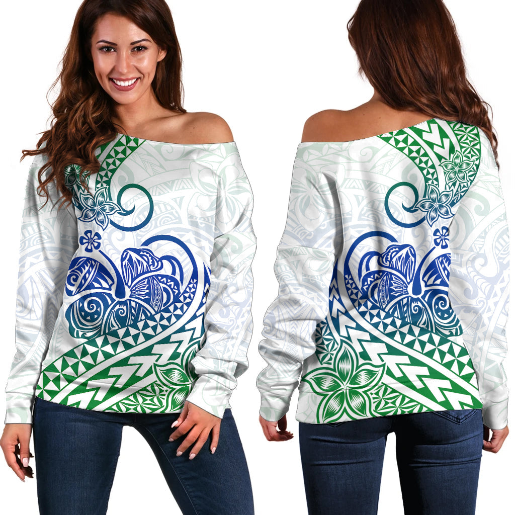 Polynesian Off Shoulder Sweater Tribal Tattoo Gradient 03 Screen Color