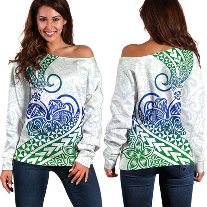 Polynesian Off Shoulder Sweater Tribal Tattoo Gradient 03 Screen Color