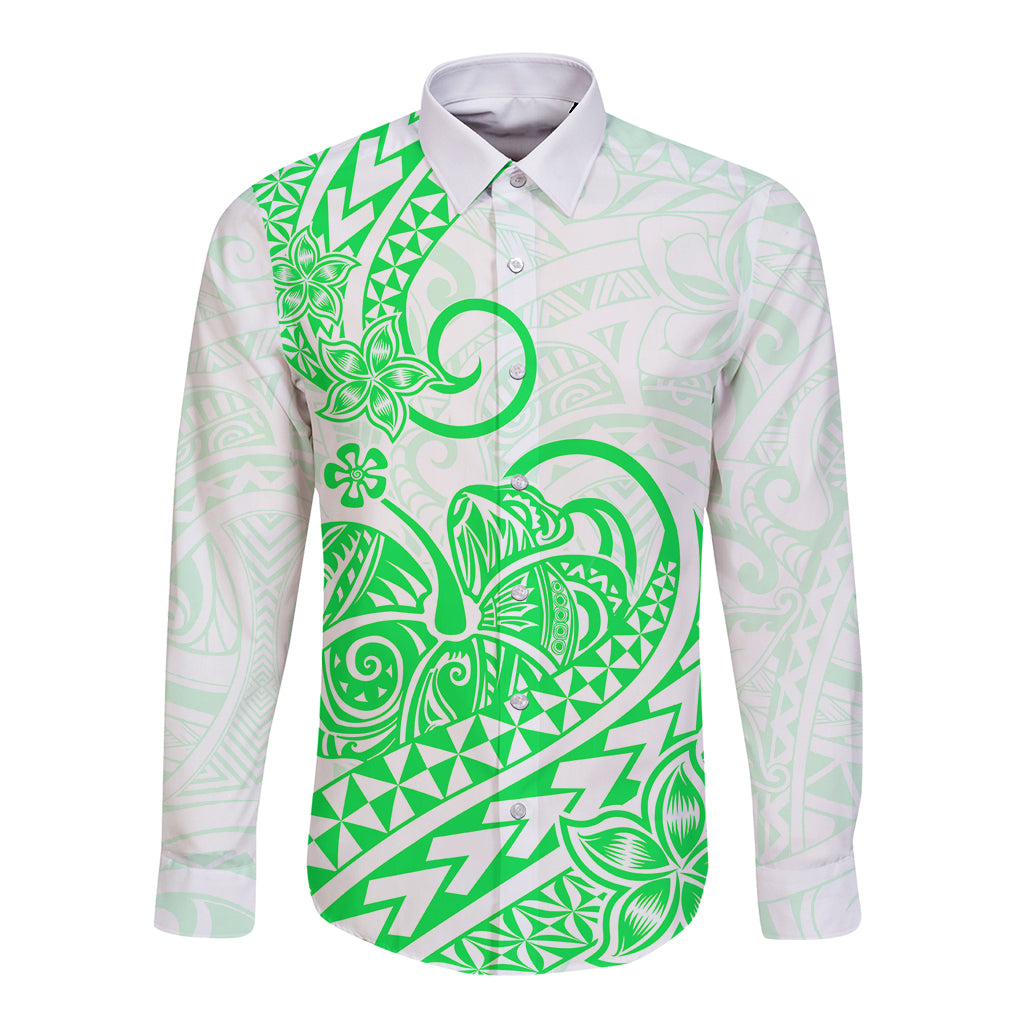 Polynesian Long Sleeve Button Shirt Tribal Tattoo Green Screen Color