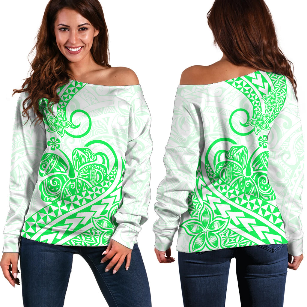 Polynesian Off Shoulder Sweater Tribal Tattoo Green Screen Color