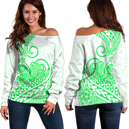 Polynesian Off Shoulder Sweater Tribal Tattoo Green Screen Color