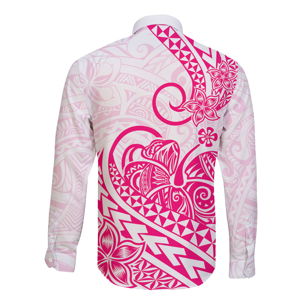 Polynesian Long Sleeve Button Shirt Tribal Tattoo Pink Screen Color