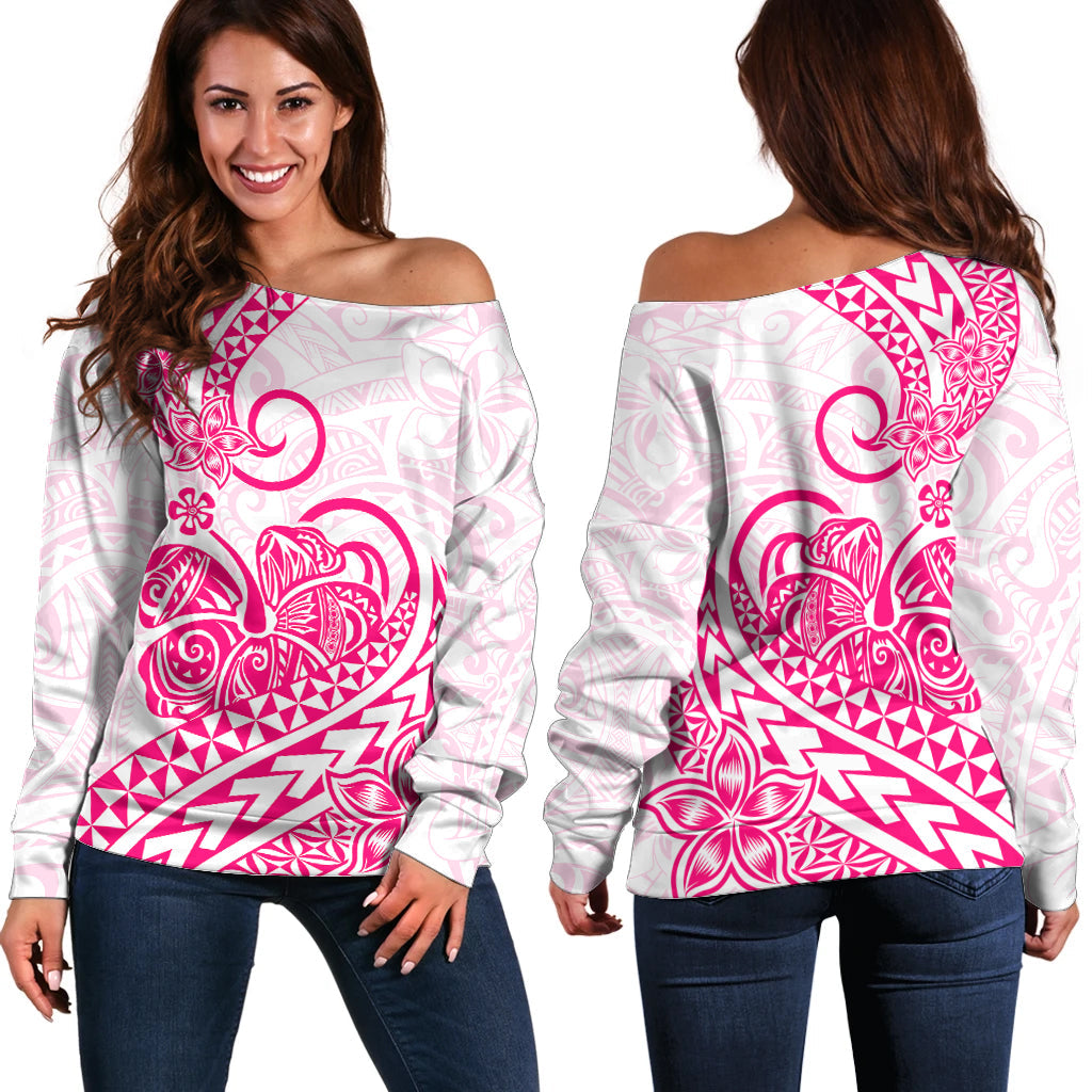 Polynesian Off Shoulder Sweater Tribal Tattoo Pink Screen Color