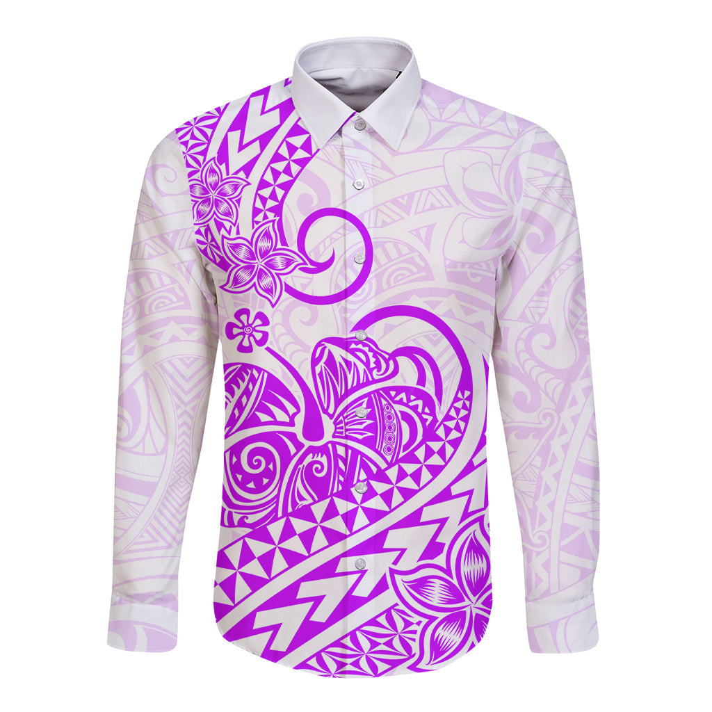 Polynesian Long Sleeve Button Shirt Tribal Tattoo Purple Screen Color
