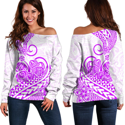 Polynesian Off Shoulder Sweater Tribal Tattoo Purple Screen Color