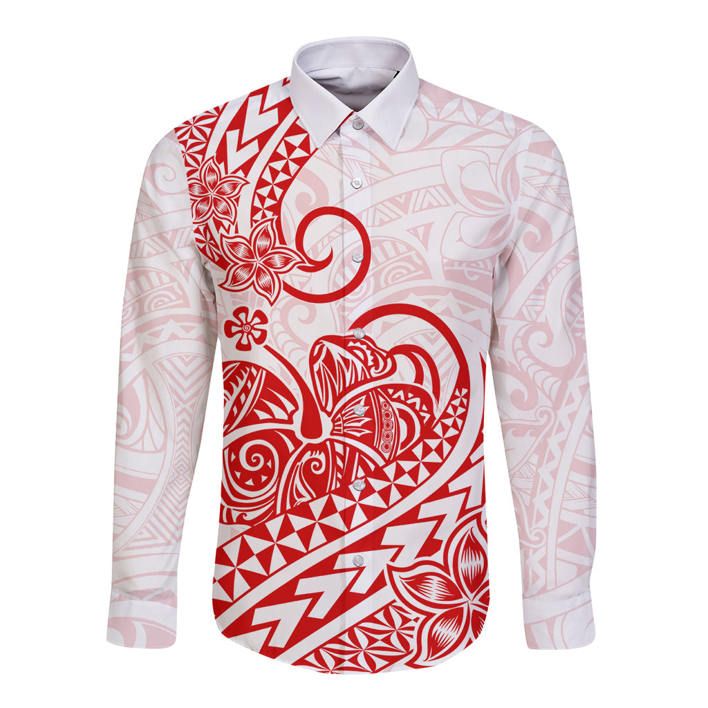 Polynesian Long Sleeve Button Shirt Tribal Tattoo Red Screen Color