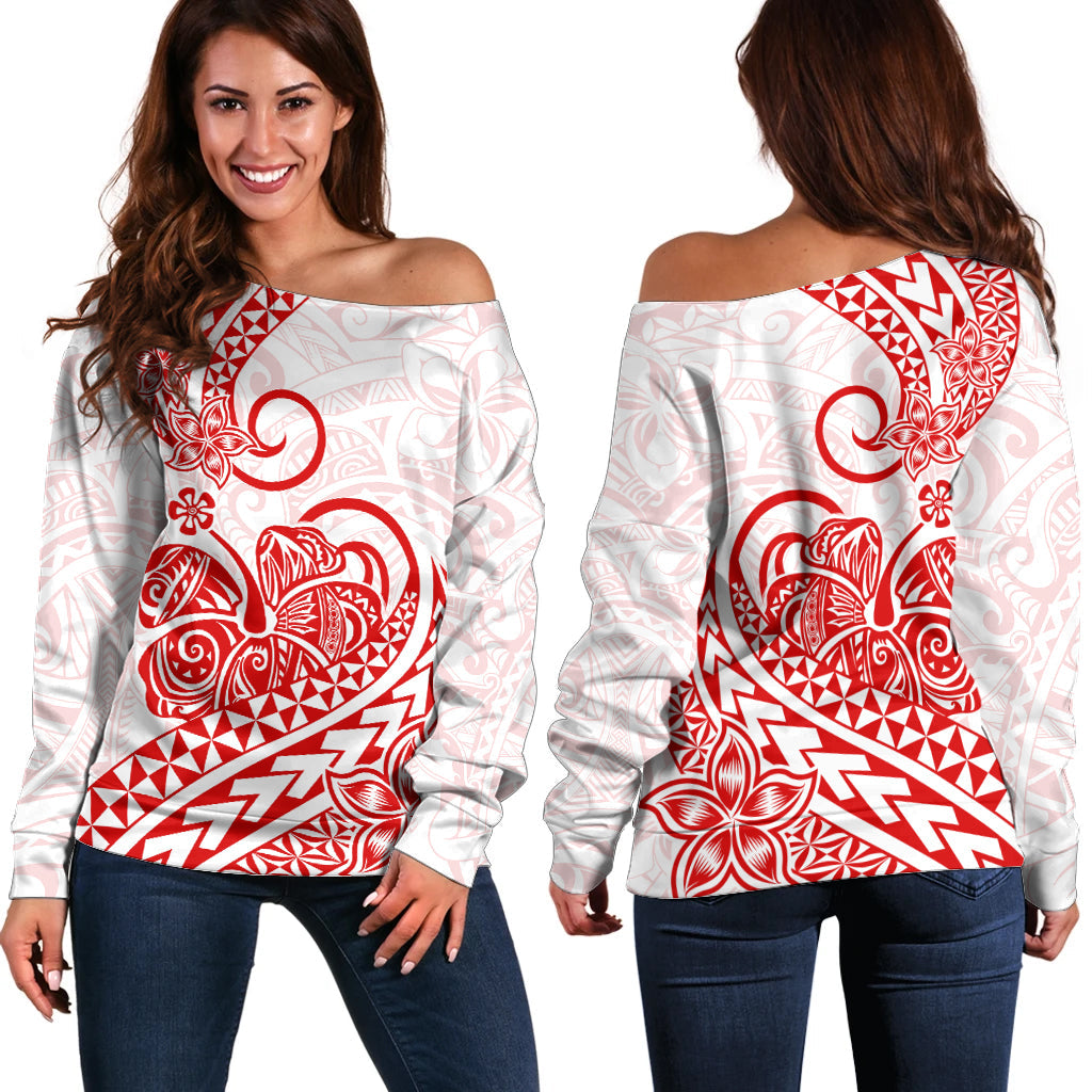Polynesian Off Shoulder Sweater Tribal Tattoo Red Screen Color