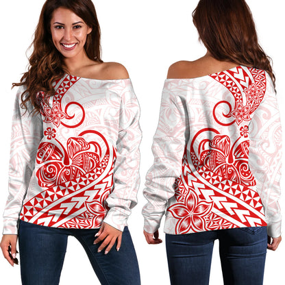 Polynesian Off Shoulder Sweater Tribal Tattoo Red Screen Color