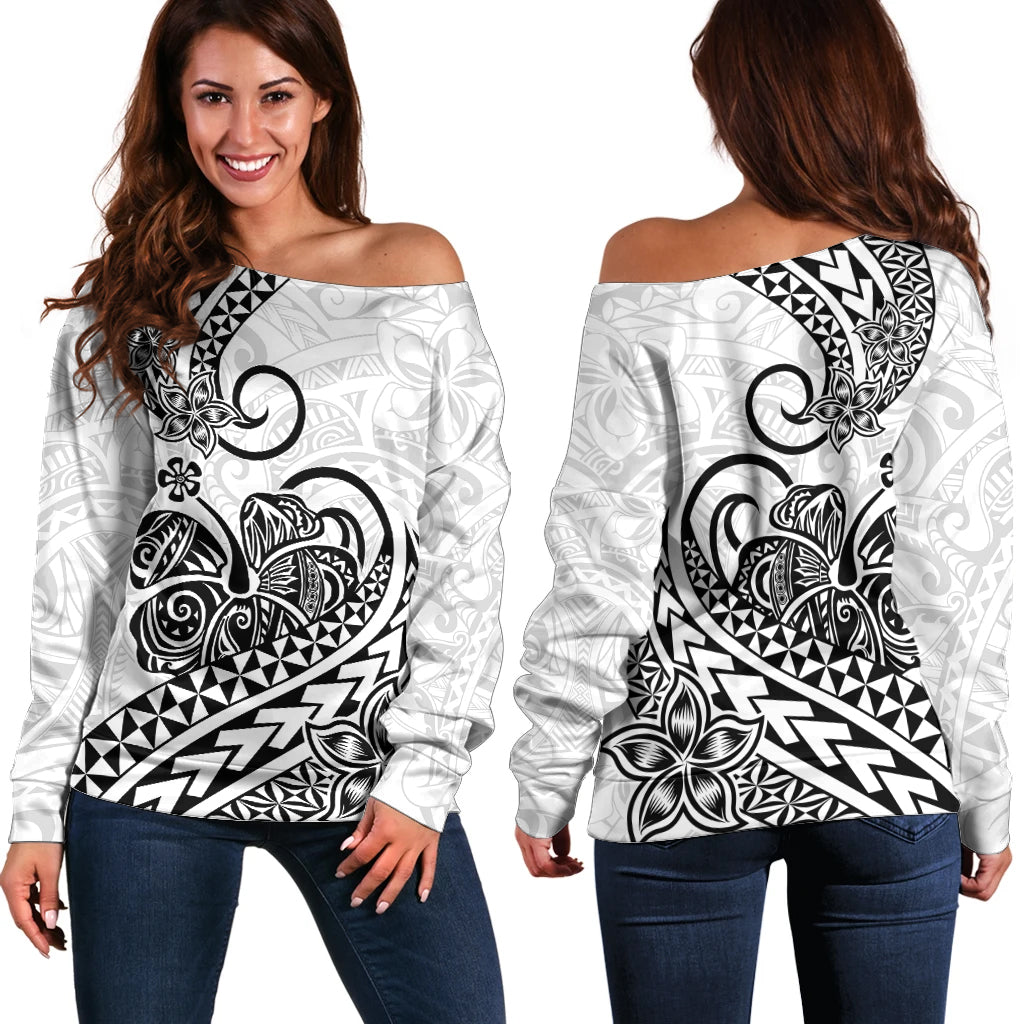 Polynesian Off Shoulder Sweater Tribal Tattoo Black Screen Color
