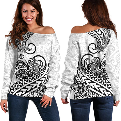 Polynesian Off Shoulder Sweater Tribal Tattoo Black Screen Color