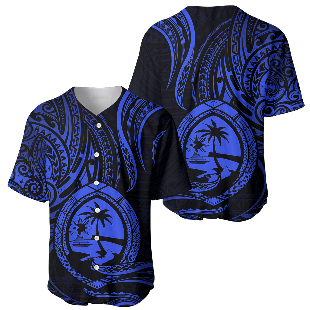 Polynesian Guam Baseball Jersey With Polynesian Tribal Tattoo and Coat of Arms Blue Version