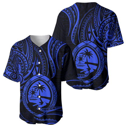 Polynesian Guam Baseball Jersey With Polynesian Tribal Tattoo and Coat of Arms Blue Version