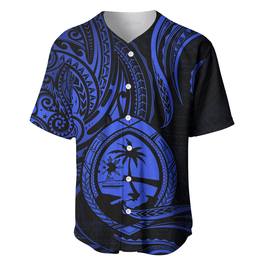 Polynesian Guam Baseball Jersey With Polynesian Tribal Tattoo and Coat of Arms Blue Version
