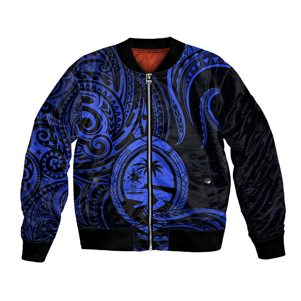 Polynesian Guam Bomber Jacket With Polynesian Tribal Tattoo and Coat of Arms Blue Version