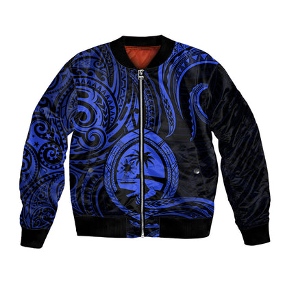 Polynesian Guam Bomber Jacket With Polynesian Tribal Tattoo and Coat of Arms Blue Version
