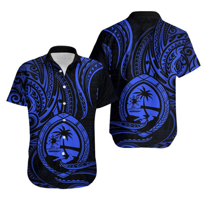 Polynesian Guam Hawaiian Shirt With Polynesian Tribal Tattoo and Coat of Arms Blue Version