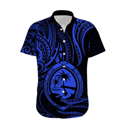 Polynesian Guam Hawaiian Shirt With Polynesian Tribal Tattoo and Coat of Arms Blue Version
