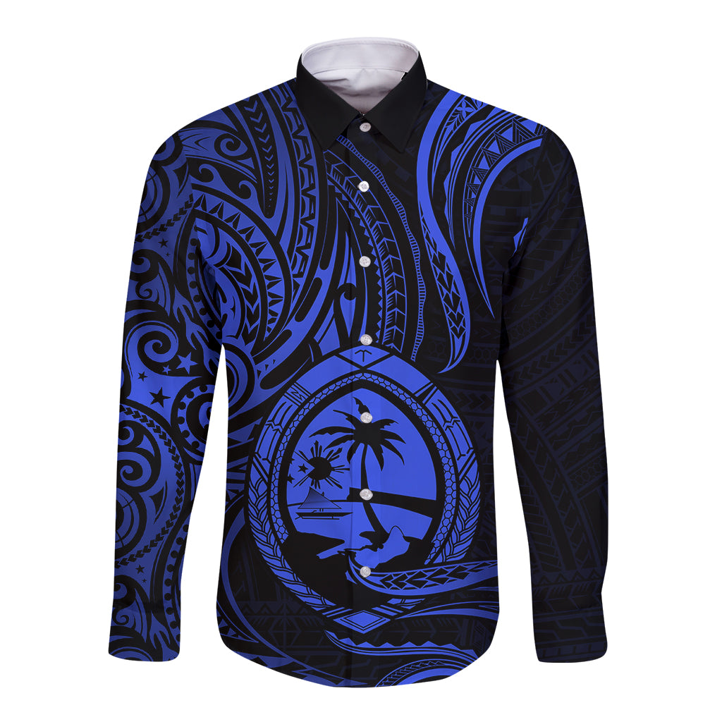 Polynesian Guam Long Sleeve Button Shirt With Polynesian Tribal Tattoo and Coat of Arms Blue Version