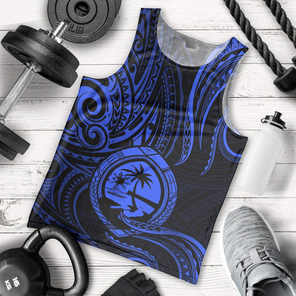 Polynesian Pride Guam Men Tank Top With Polynesian Tribal Tattoo and Coat of Arms Blue Version