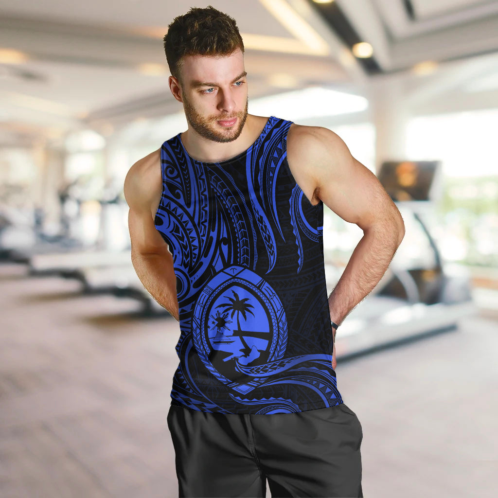 Polynesian Pride Guam Men Tank Top With Polynesian Tribal Tattoo and Coat of Arms Blue Version