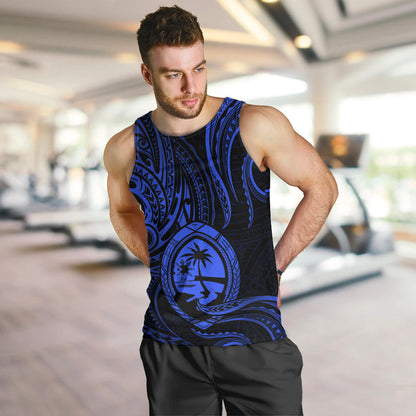 Polynesian Pride Guam Men Tank Top With Polynesian Tribal Tattoo and Coat of Arms Blue Version