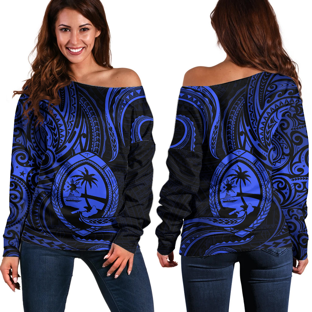 Polynesian Guam Off Shoulder Sweater With Polynesian Tribal Tattoo and Coat of Arms Blue Version