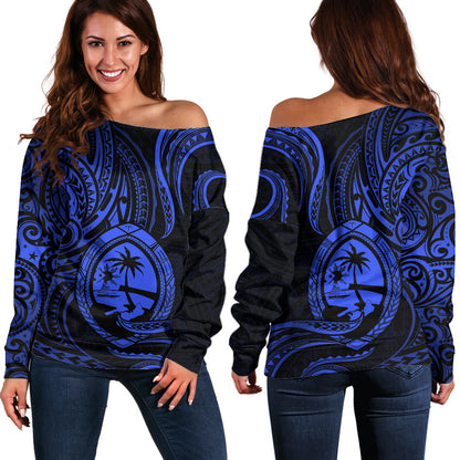 Polynesian Guam Off Shoulder Sweater With Polynesian Tribal Tattoo and Coat of Arms Blue Version