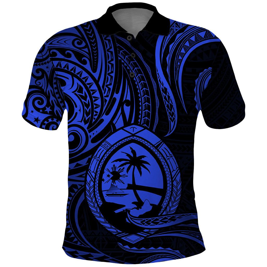 Polynesian Guam Polo Shirt With Polynesian Tribal Tattoo and Coat of Arms Blue Version