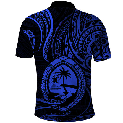 Polynesian Guam Polo Shirt With Polynesian Tribal Tattoo and Coat of Arms Blue Version