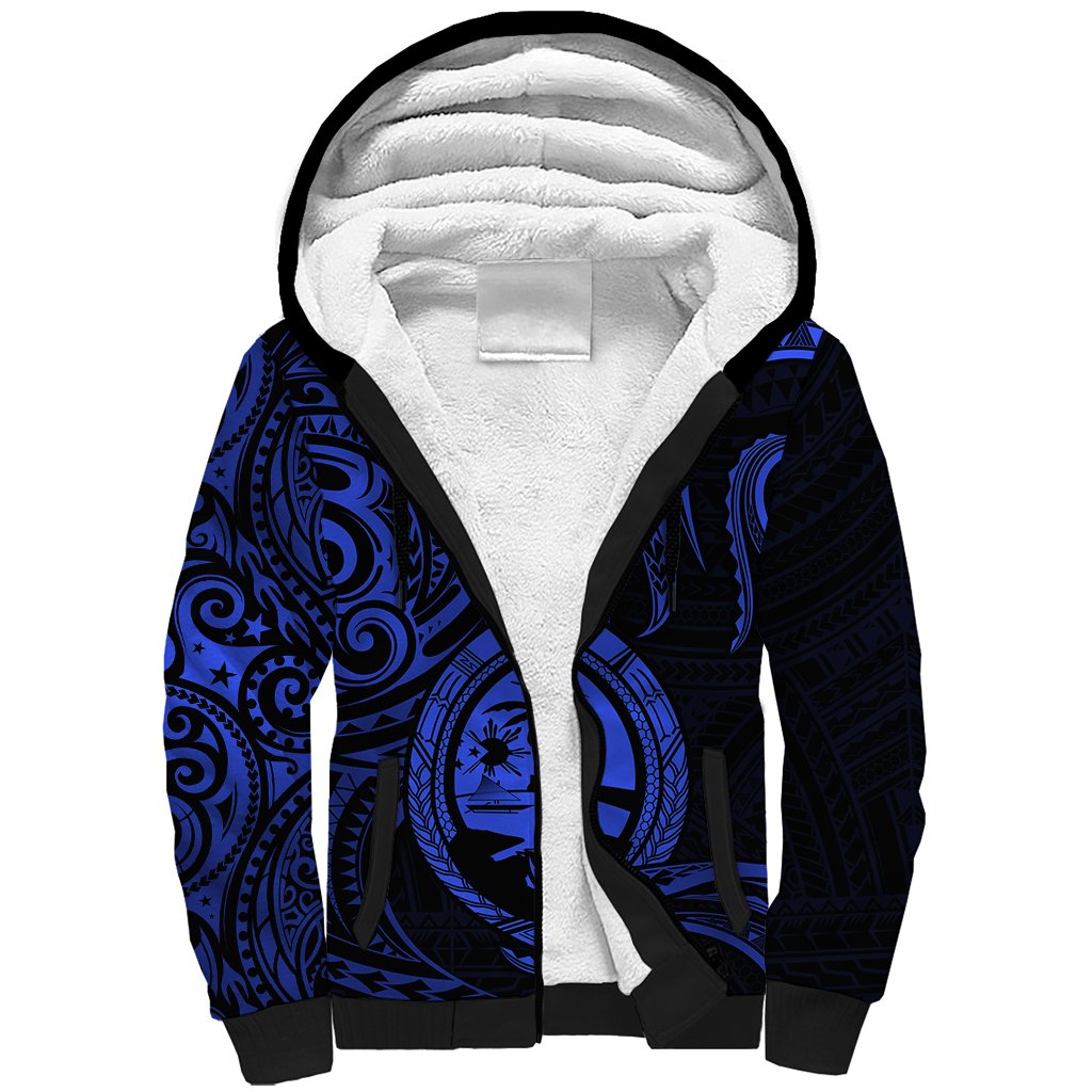 Polynesian Guam Sherpa Hoodie With Polynesian Tribal Tattoo and Coat of Arms Blue Version