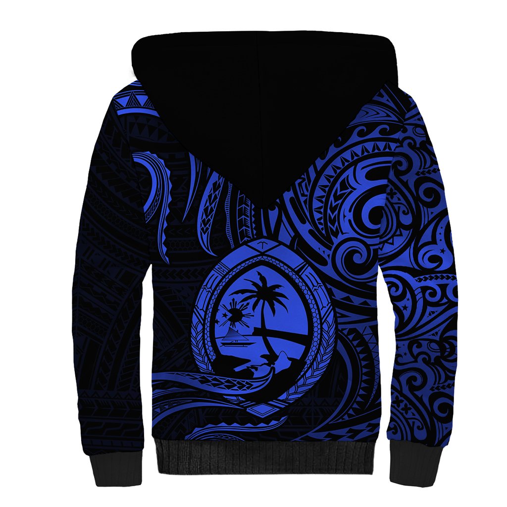 Polynesian Guam Sherpa Hoodie With Polynesian Tribal Tattoo and Coat of Arms Blue Version
