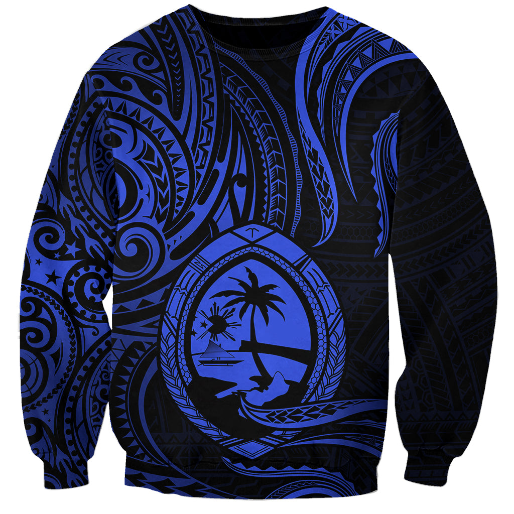 Polynesian Guam Sweatshirt With Polynesian Tribal Tattoo and Coat of Arms Blue Version