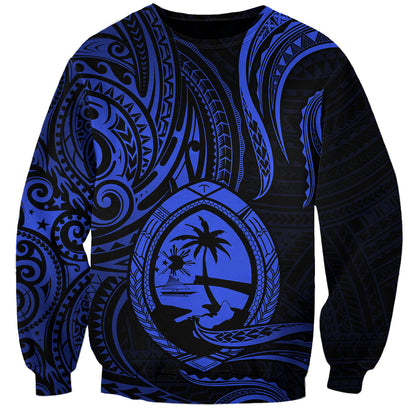 Polynesian Guam Sweatshirt With Polynesian Tribal Tattoo and Coat of Arms Blue Version