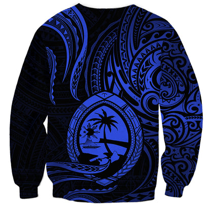 Polynesian Guam Sweatshirt With Polynesian Tribal Tattoo and Coat of Arms Blue Version
