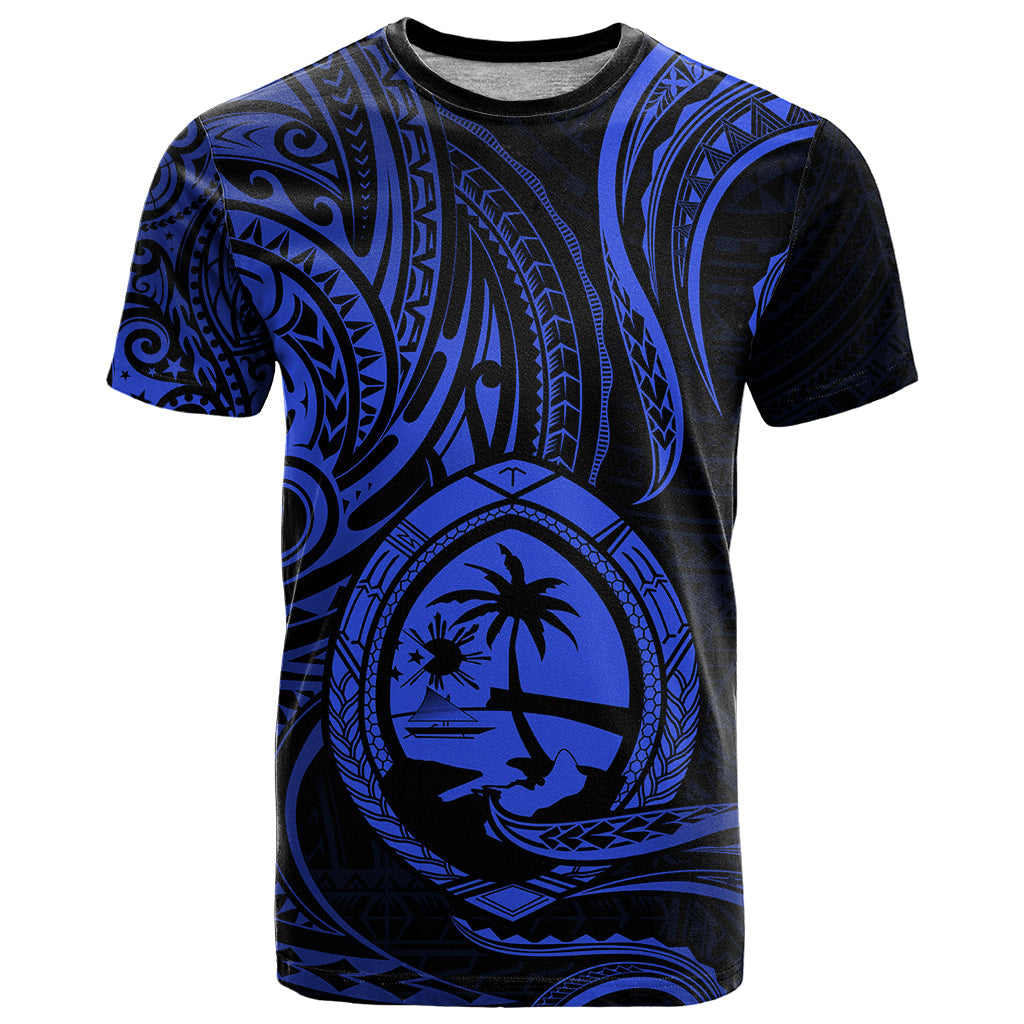 Polynesian Guam T Shirt With Polynesian Tribal Tattoo and Coat of Arms Blue Version