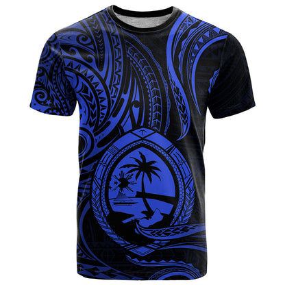 Polynesian Guam T Shirt With Polynesian Tribal Tattoo and Coat of Arms Blue Version
