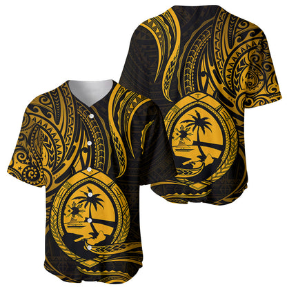 Polynesian Guam Baseball Jersey With Polynesian Tribal Tattoo and Coat of Arms Gold Version