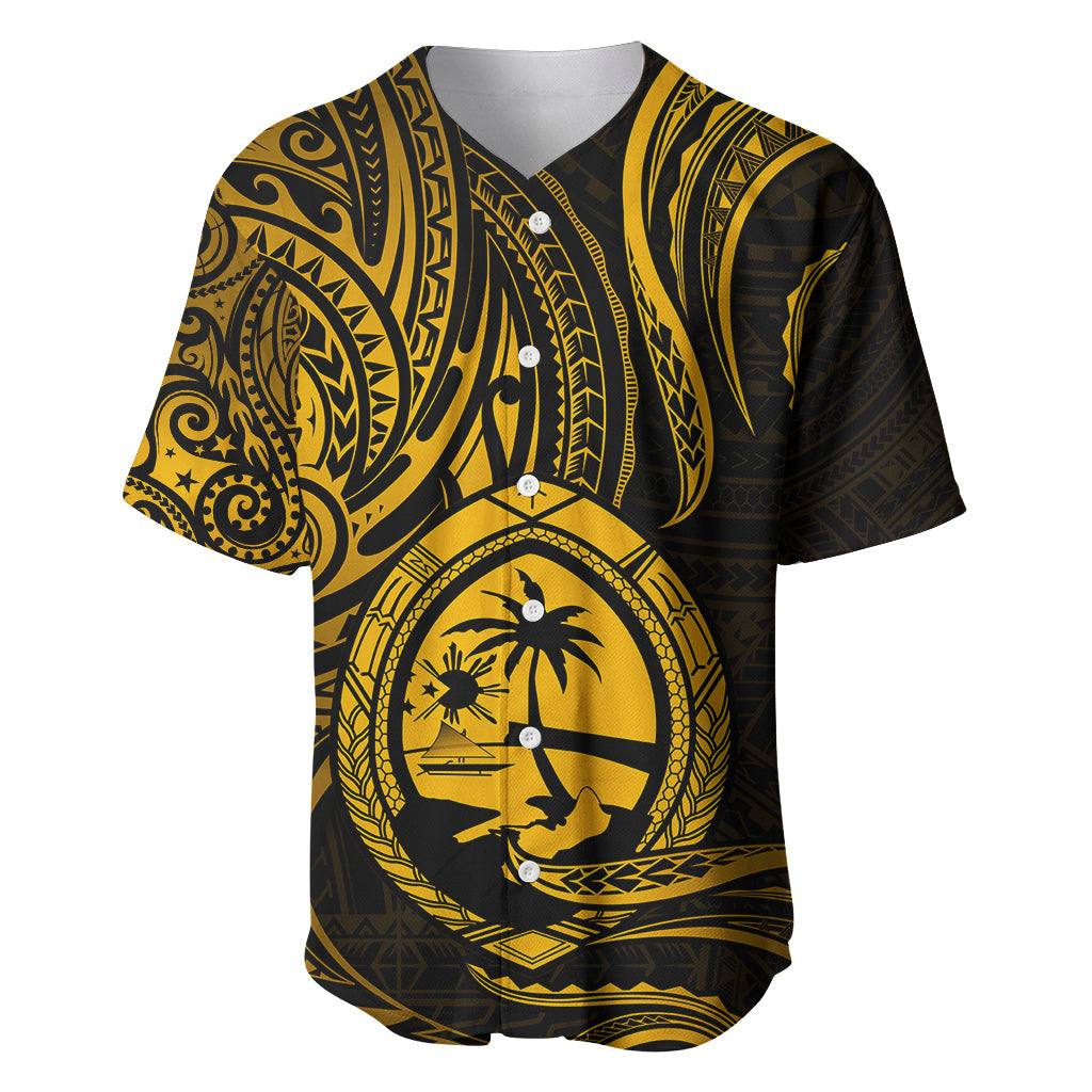 Polynesian Guam Baseball Jersey With Polynesian Tribal Tattoo and Coat of Arms Gold Version