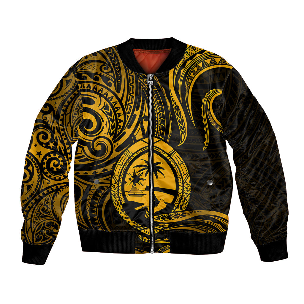 Polynesian Guam Bomber Jacket With Polynesian Tribal Tattoo and Coat of Arms Gold Version