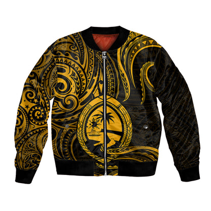 Polynesian Guam Bomber Jacket With Polynesian Tribal Tattoo and Coat of Arms Gold Version