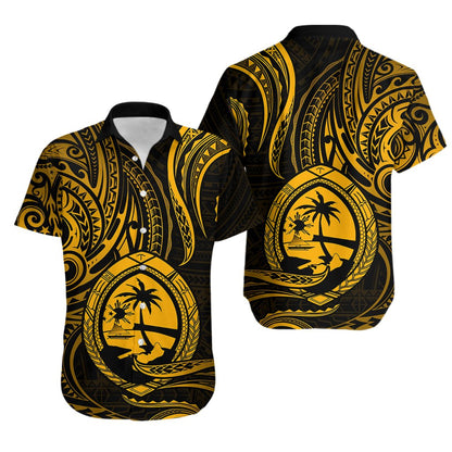 Polynesian Guam Hawaiian Shirt With Polynesian Tribal Tattoo and Coat of Arms Gold Version
