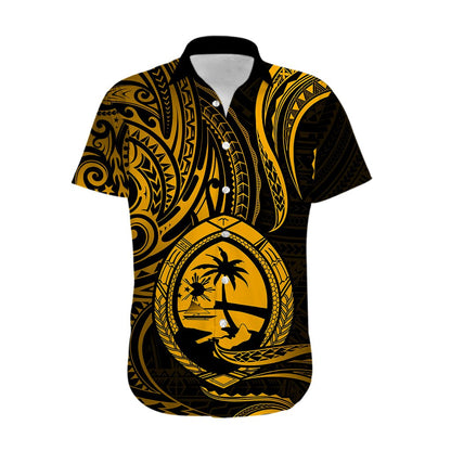 Polynesian Guam Hawaiian Shirt With Polynesian Tribal Tattoo and Coat of Arms Gold Version