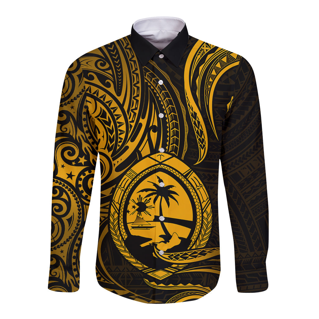 Polynesian Guam Long Sleeve Button Shirt With Polynesian Tribal Tattoo and Coat of Arms Gold Version