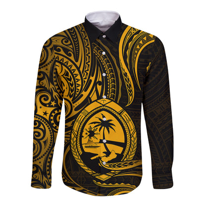Polynesian Guam Long Sleeve Button Shirt With Polynesian Tribal Tattoo and Coat of Arms Gold Version