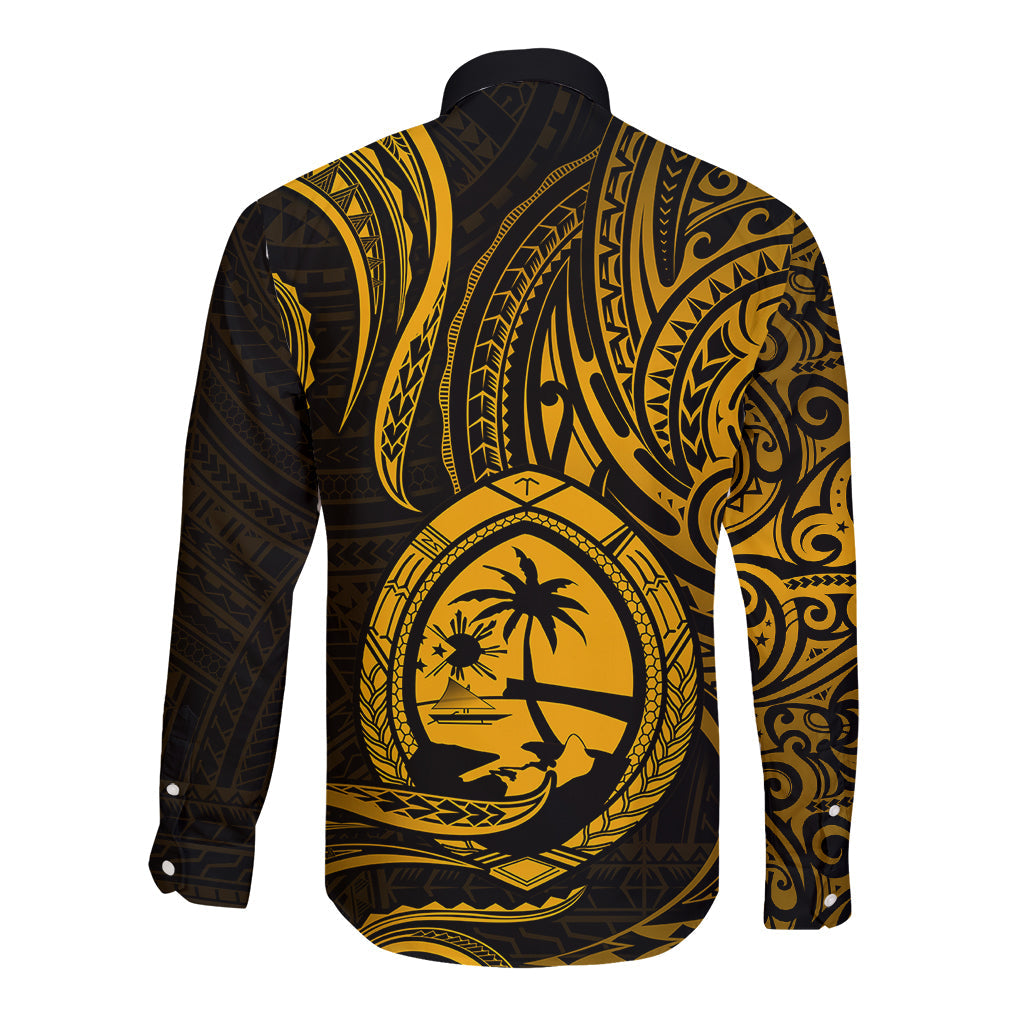 Polynesian Guam Long Sleeve Button Shirt With Polynesian Tribal Tattoo and Coat of Arms Gold Version