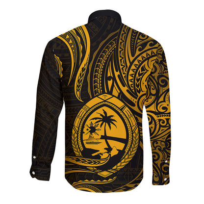 Polynesian Guam Long Sleeve Button Shirt With Polynesian Tribal Tattoo and Coat of Arms Gold Version